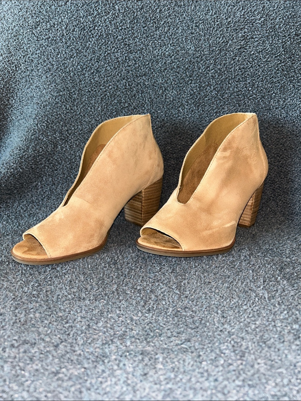 Lucky Brand Tan Suede Peep-Toe Block Heel Ankle Boots